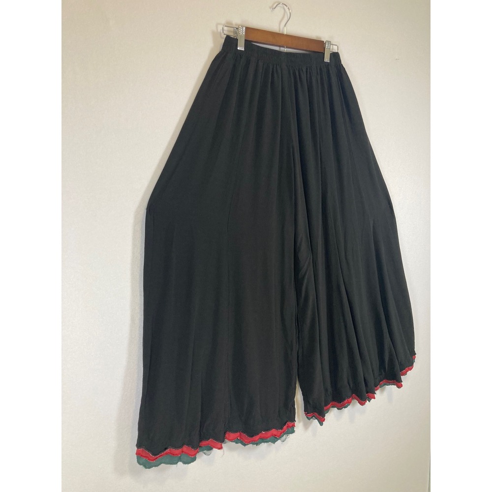 Boho Artsy Lagenlook Women Medium Black Wide Leg Lettuce Edge Palazzo Pants - Picture 8 of 9